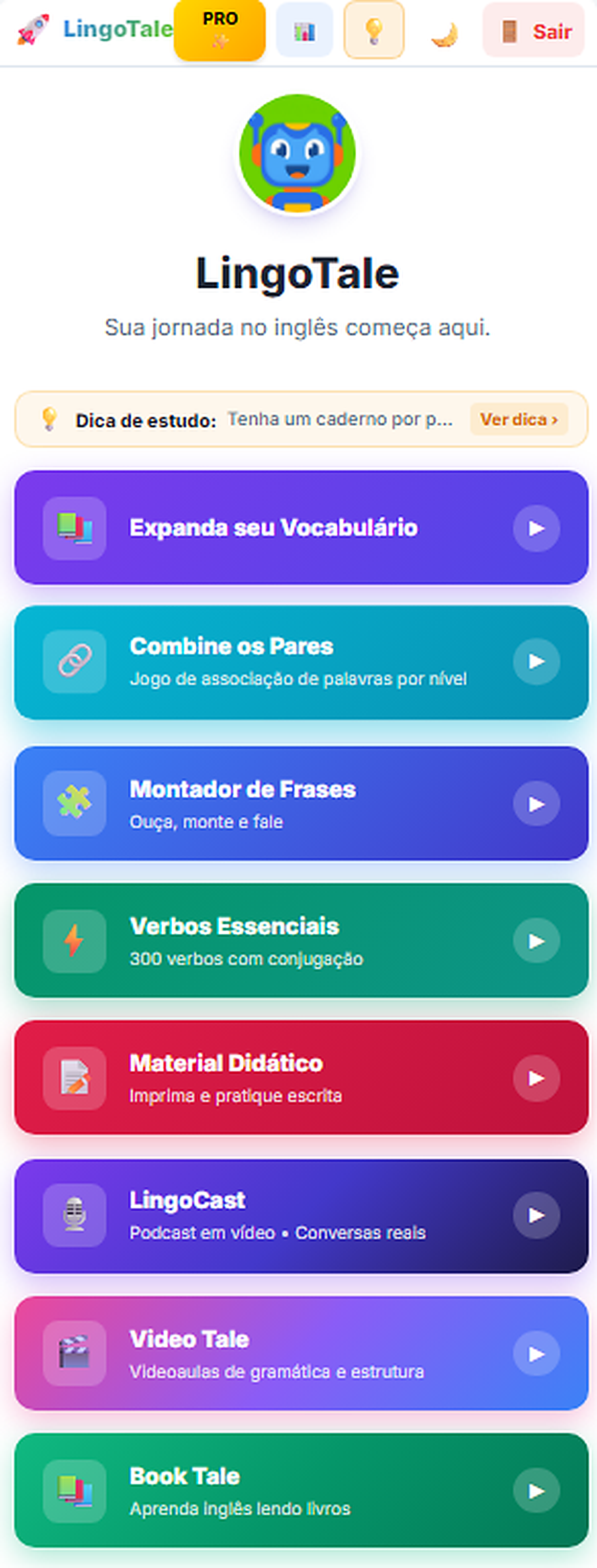 Tela Inicial do LingoTale